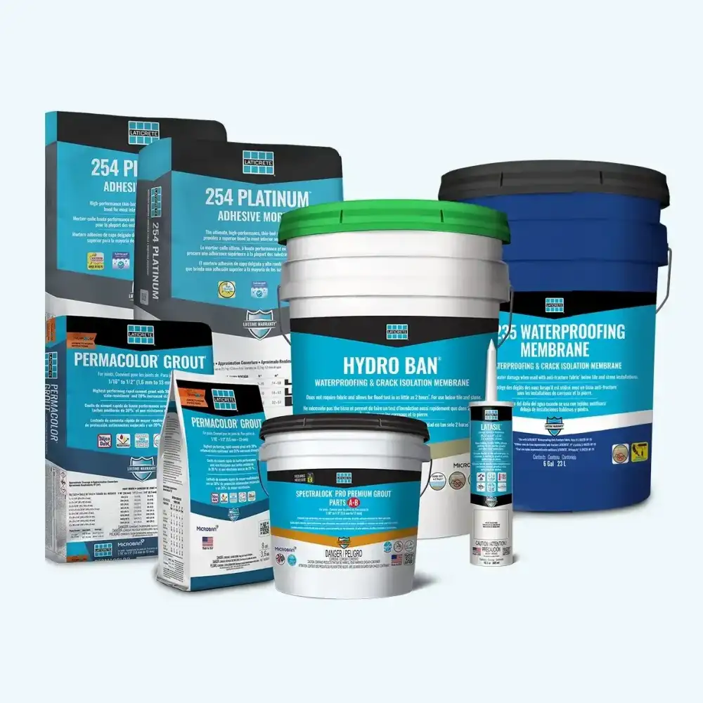 Tile installation products including adhesive, grout, and waterproofing membranes